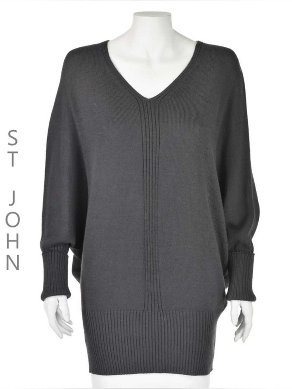 St. John Charcoal V-Neck Knit Pullover Sweater Large
